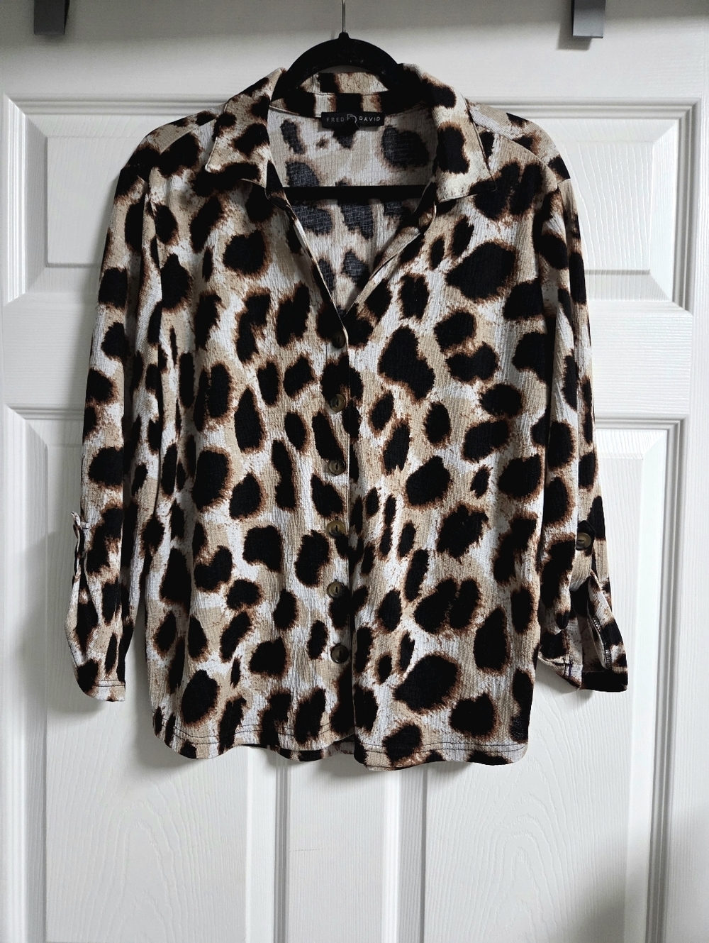 Women's Fred David Black and Brown Leopard Print Button-Down Blouse Size XL